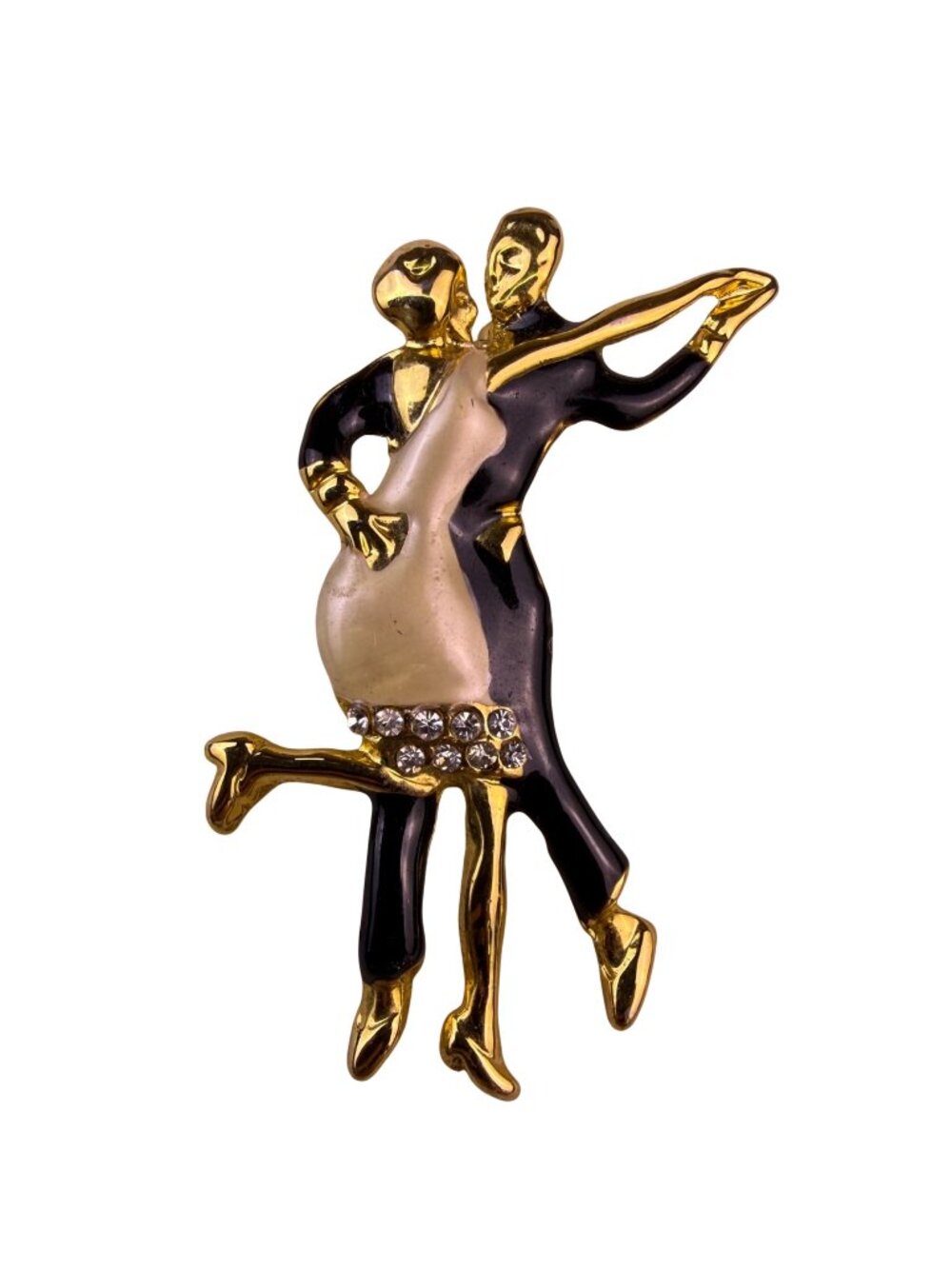 Vintage Unknown Gold Tone Enamel Dancing Couple Brooch Rhinestones